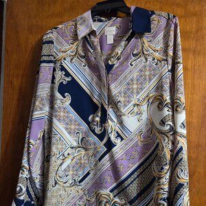 CHICO'S Printed Crisscross Hi--Lo Hem Tunic Navy, Lavender & Yellow Size 1/Med